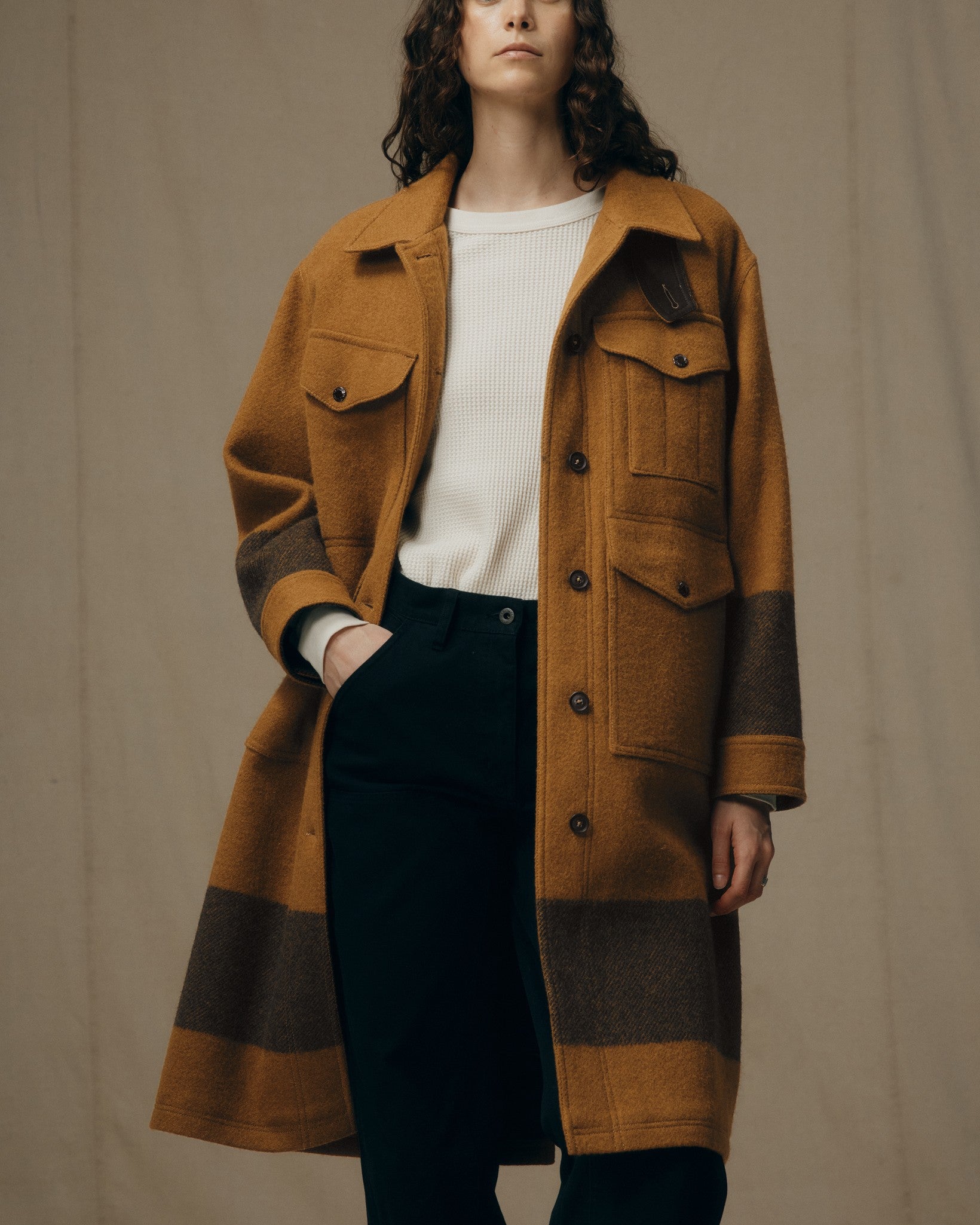 Alternative view of Women's Wool Long Cruiser Coat - Whiskey / Black Stripe