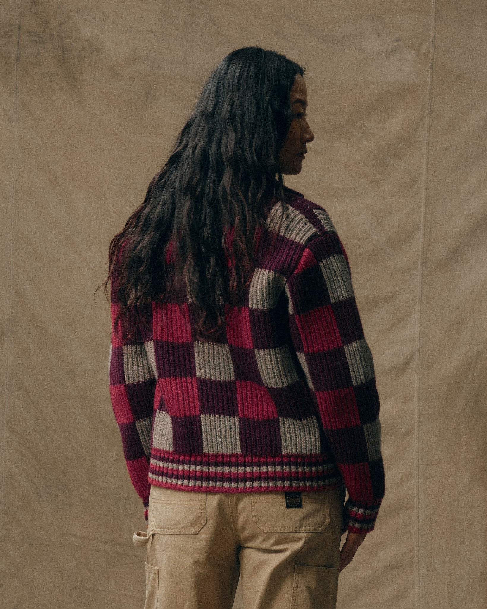 Alternative view of Women's Checkered Wool Cardigan - Burgundy / Gray Check